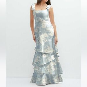 Dessy Group FLORAL BOW-SHOULDER SATIN MAXI DRESS WITH ASYMMETRICAL TIERED SKIRT